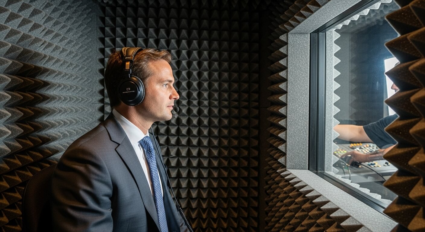 방음 부스 안에서 헤드셋을 쓰고 청력 검사를 받는 남성