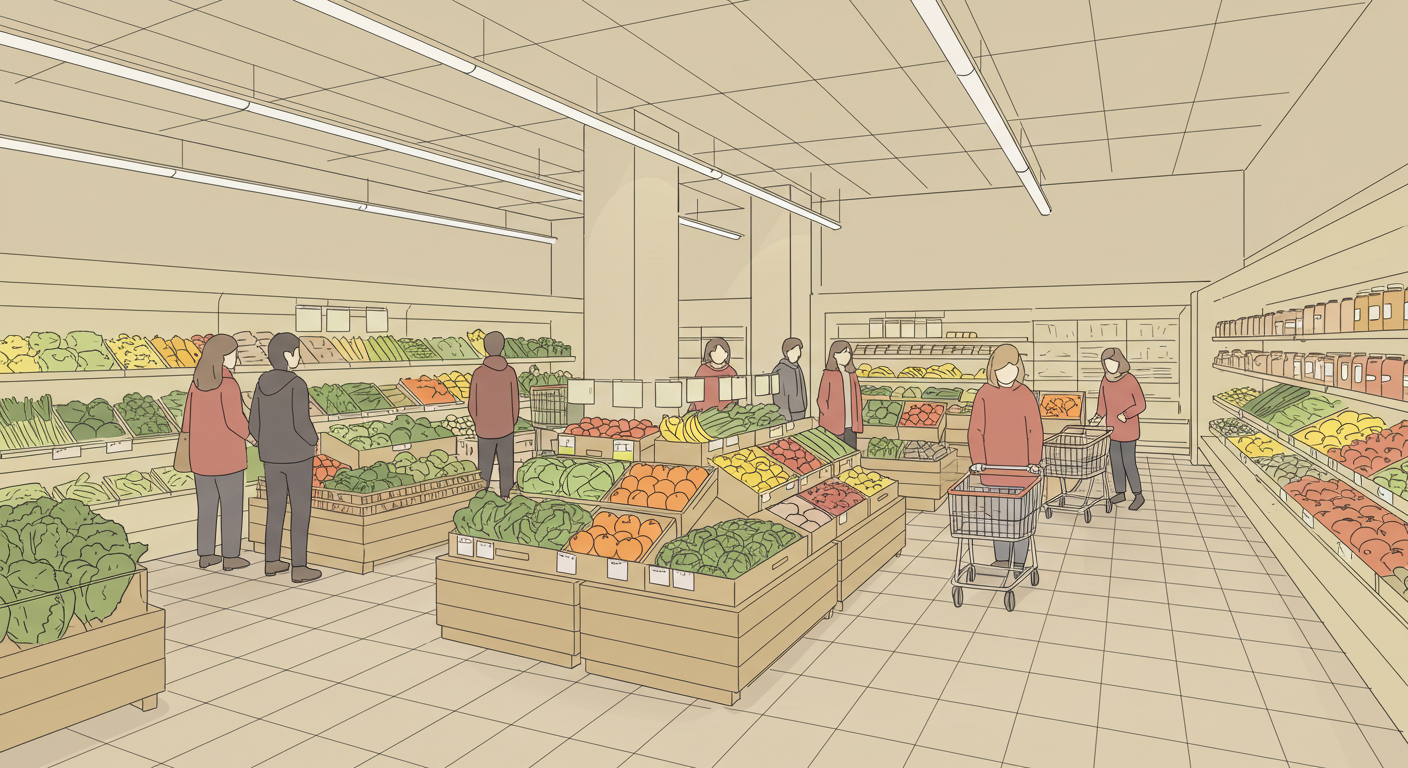 마트에서 사람들이 물건을 고르는 모습의 일러스트