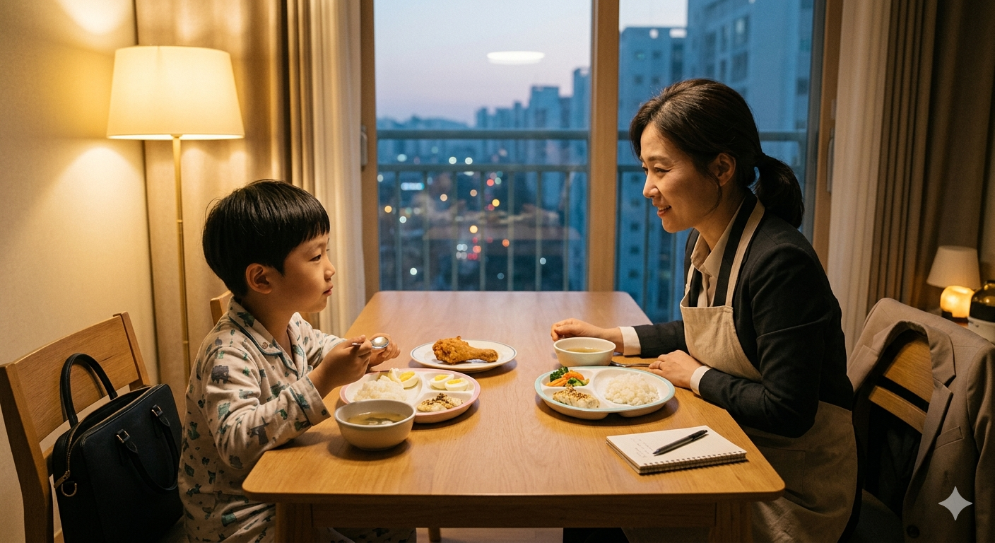 아이와의 저녁 식사를 하며 이야기 나누는 모습