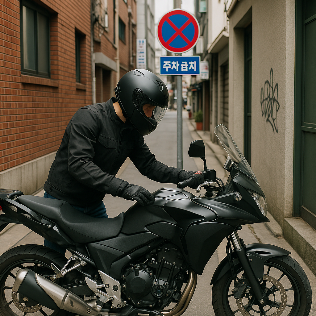 골목에서 주차중인 오토바이 라이더