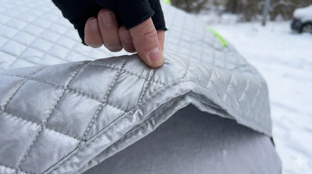 커버의 도톰한 퀼팅 소재를 초근접 촬영하여 프리미엄 품질과 뛰어난 보온성을 시각적으로 전달합니다.