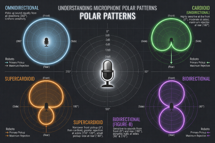 무지향성 카디오이드 슈퍼카디오이드 하이퍼카디오이드 패턴을 시각화한 이미지