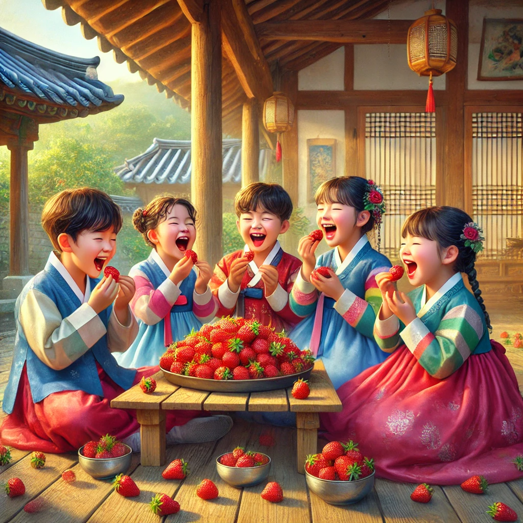 한복 스타일의 알록달록한 옷을 입은 한국 어린이들이 전통 한옥 마당에서 딸기를 맛있게 먹으며 웃고 있는 모습. 작은 나무 탁자 위에는 빨갛게 익은 딸기가 가득 담긴 그릇이 놓여 있고, 주변에는 고즈넉한 한옥과 푸른 정원이 어우러져 따뜻하고 정겨운 분위기를 자아낸다.