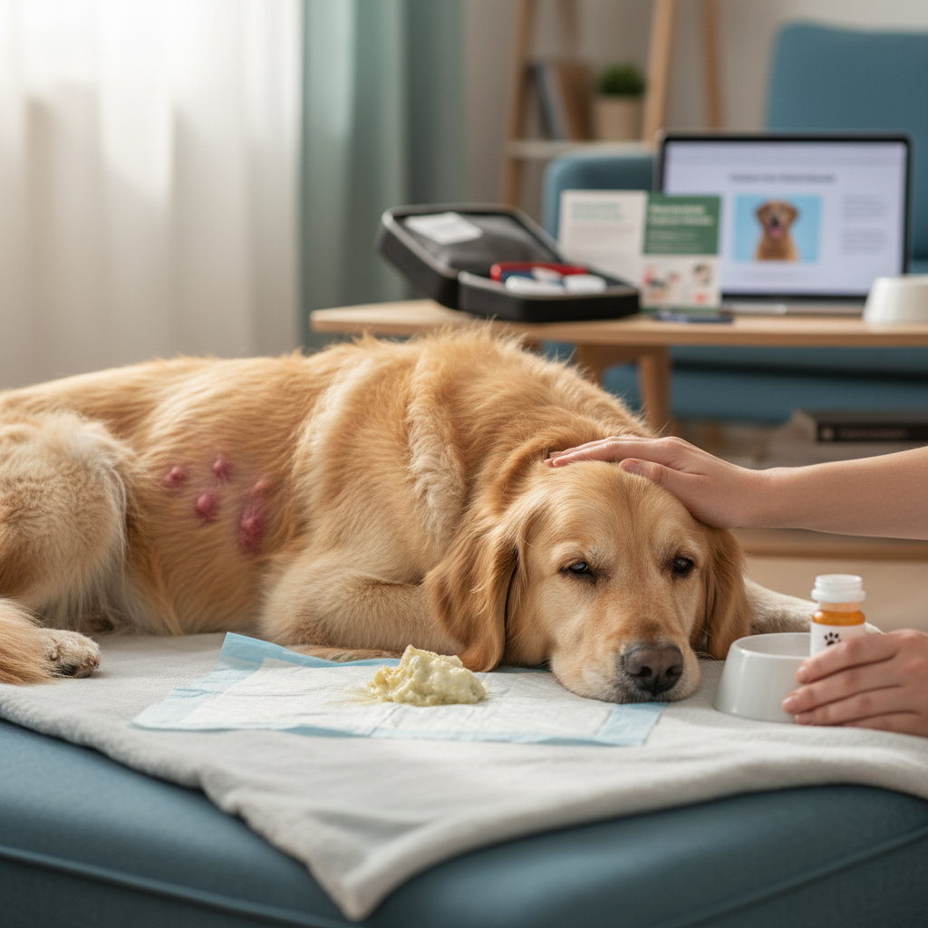 구토, 발진으로 힘들어하는 강아지 이미지