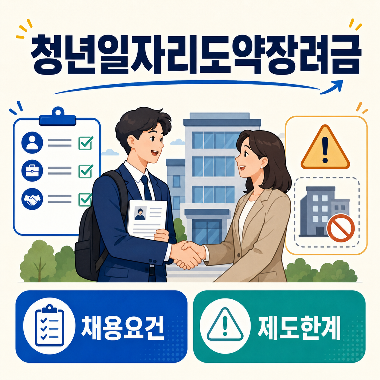 청년일자리도약장려금의 채용요건과 제도한계를 표현한 인포그래픽