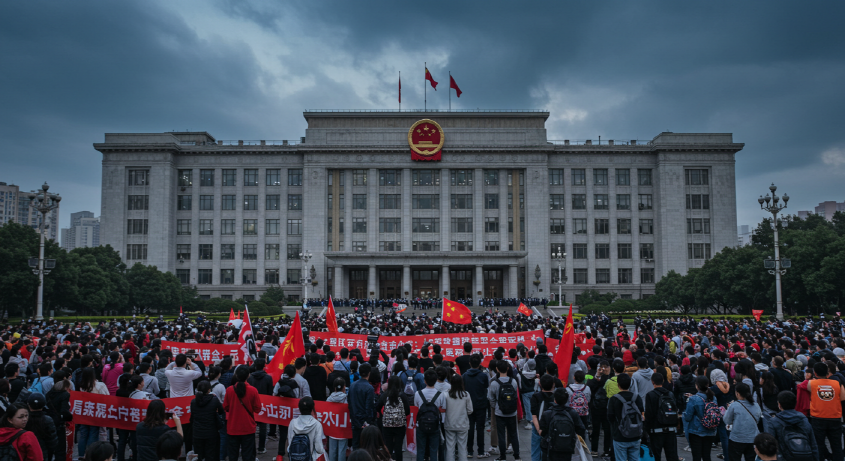 중국 쓰촨성 학교폭력 시위대와 정부 건물이 보이는 긴장감 넘치는 현장