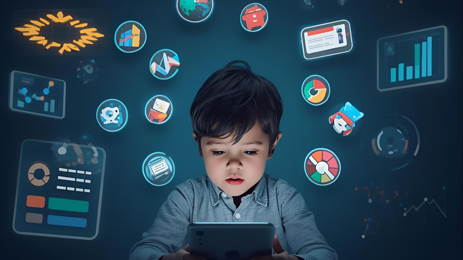 모바일 게임 속 광고가 과도하게 노출되는 장면을 데이터 시각화로 표현한 이미지. 아이가 여러 광고 팝업에 둘러싸여 있는 모습.