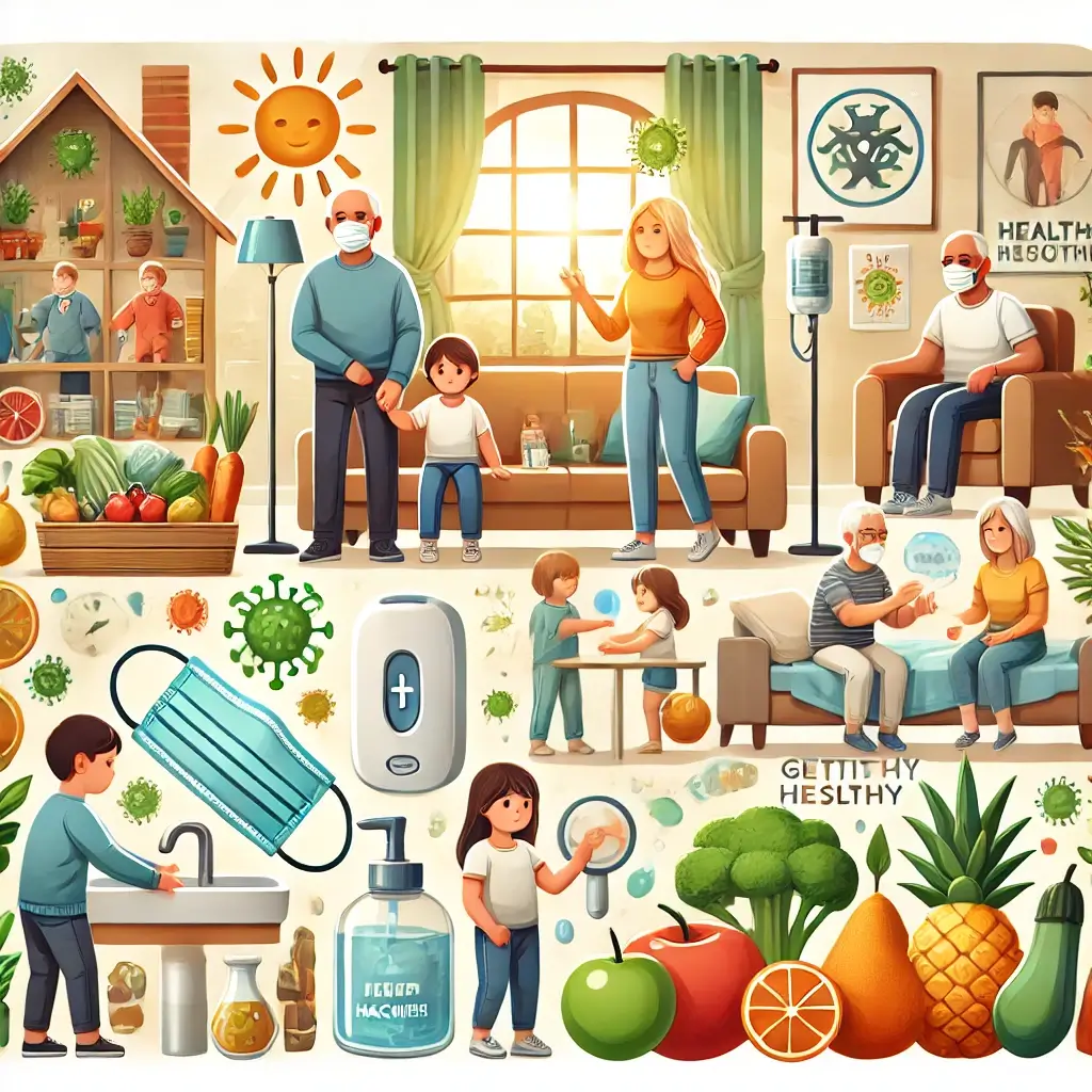다양한-사람들이-독감-예방을-위해-마스크-착용-손-씻기-예방-접종-을받고-있는-모습-과일과-채소-운동기구도-있는-일러스트