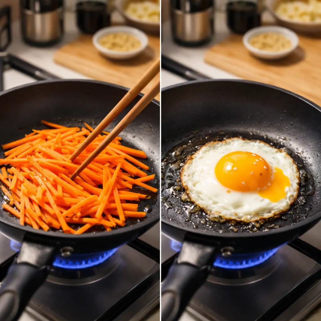 당근 볶기와 계란 프라이 과정 - 프라이팬에서 중불로 당근을 2분 볶는 모습과 반숙 계란 프라이