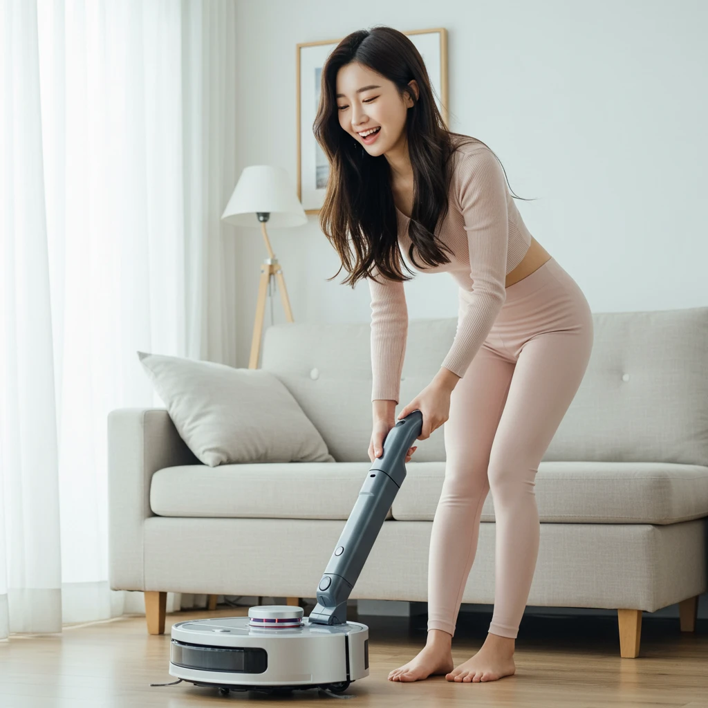로봇청소기-사용하는-여자-유선으로 연결