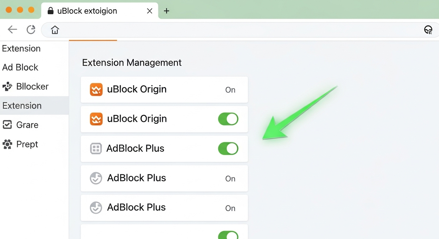 크롬 브라우저 확장 프로그램 관리 페이지에서 uBlock Origin과 같은 광고 차단기가 활성화된 모습. 비활성화를 유도하는 화살표가 그려져 있다.