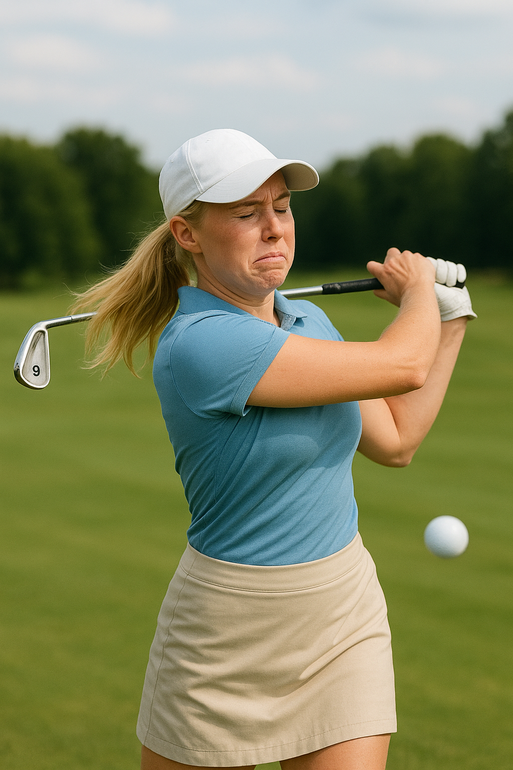 여자 골퍼 9번 아이언 탑볼 치는 모습