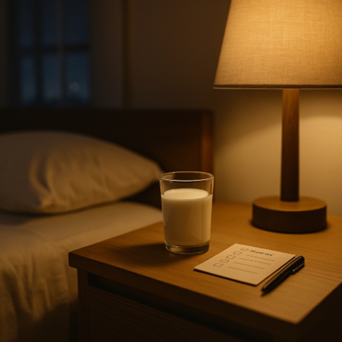 조명이 낮은 침실 협탁 위에 우유와 체크리스트 메모가 놓여 있어 야간 루틴을 마무리했음을 보여준다.