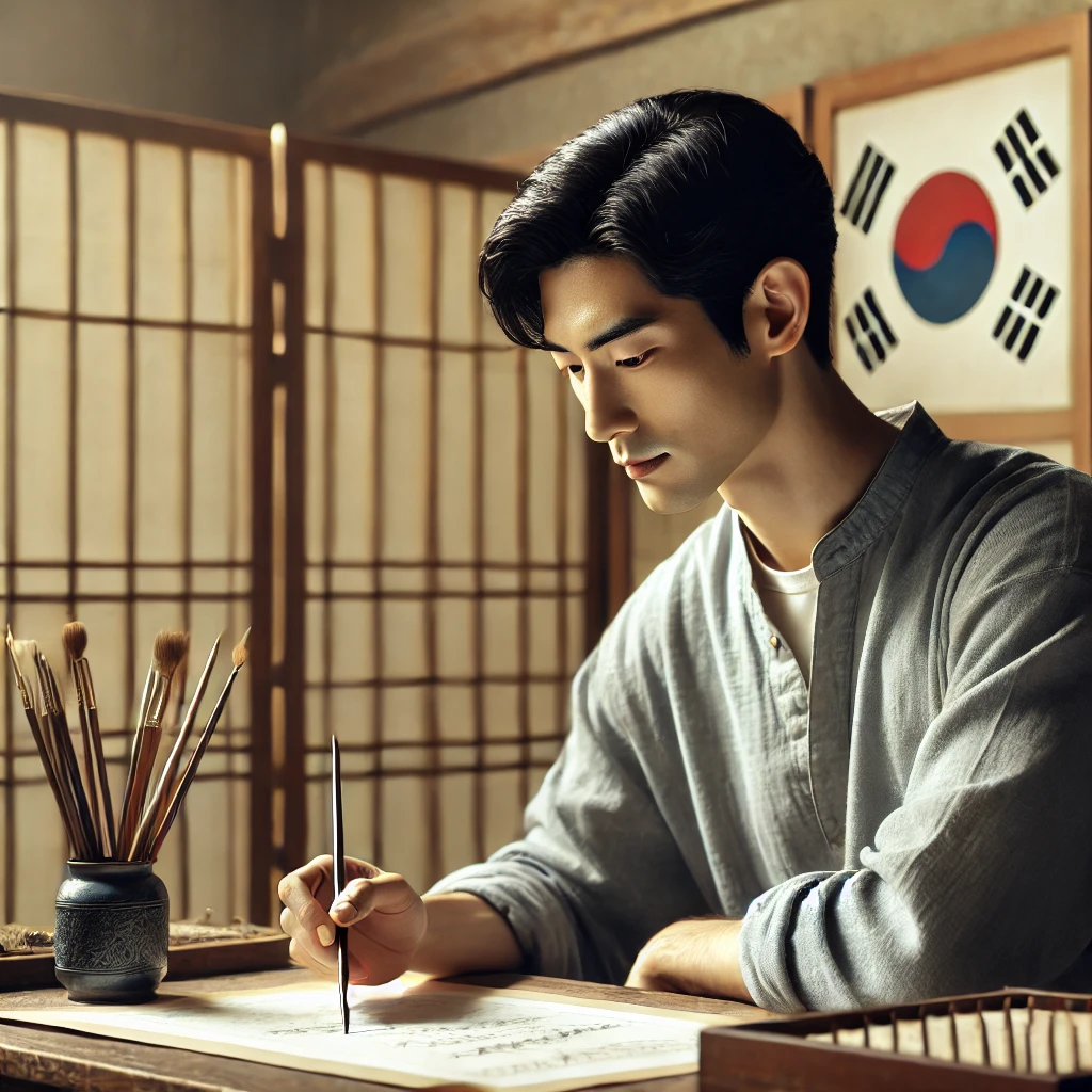 30대 초반의 한국 남성이 전통적인 환경에서 한국식 병풍과 책상이 있는 공간에서 종이와 붓으로 사주 차트를 분석하며 집중하고 지적인 표정을 짓고 있는 모습