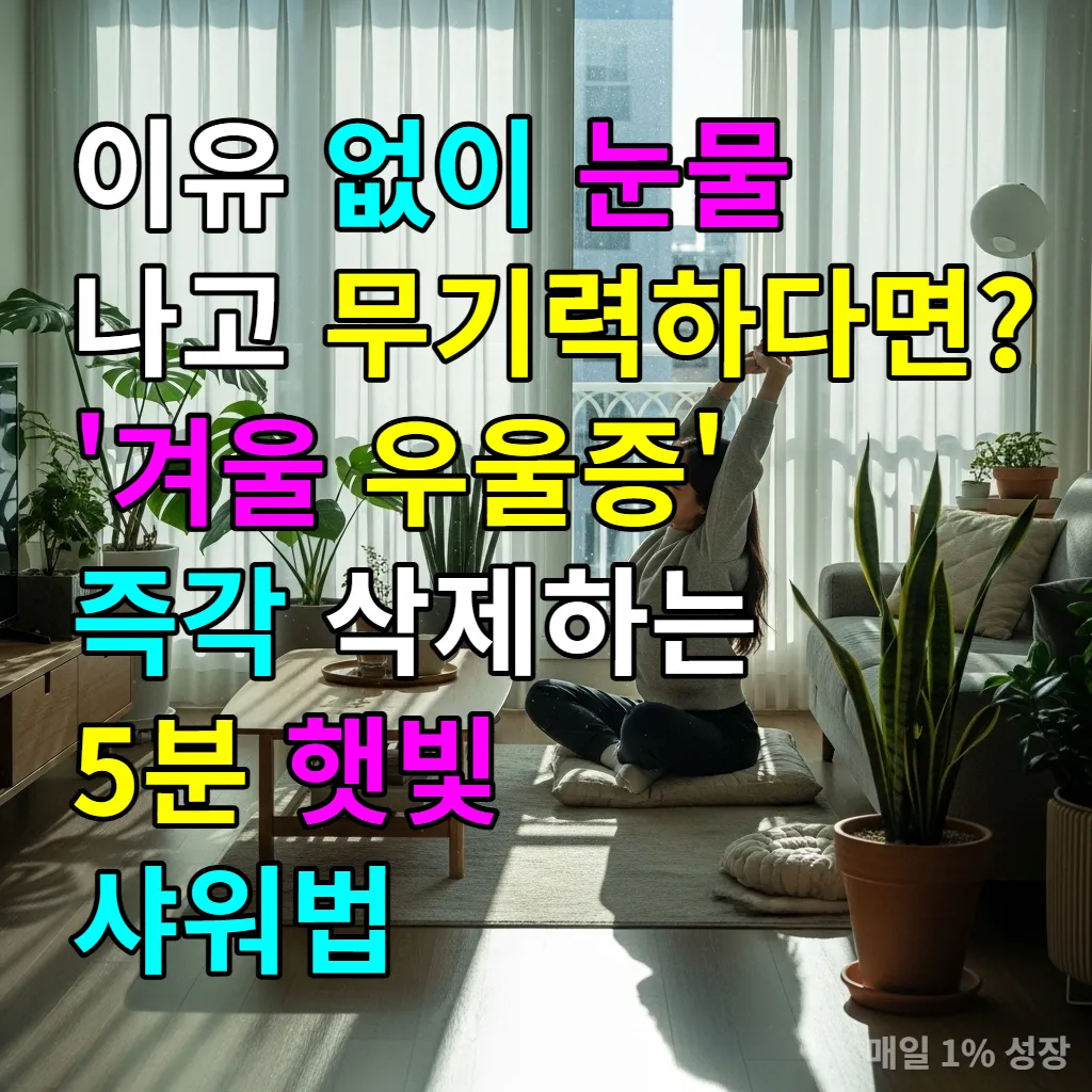 서울의 햇살 가득한 거실에서 스트레칭을 하며 겨울 우울증을 이겨내는 한국 여성의 모습