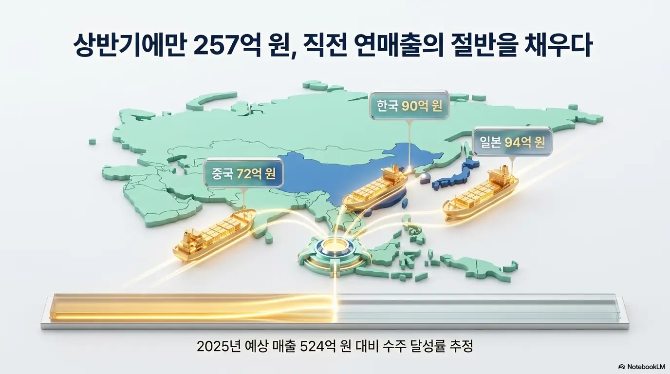 기가비스 주가 전망:기가비스 상반기 수주를 아시아 지도 위에 표시한 이미지. 중국 72억 원, 한국 90억 원, 일본 94억 원 공급계약이 화물선으로 연결되며 합계 약 257억 원을 나타냅니다. 2025년 예상 매출 524억 원 대비 절반 수준을 채운 수주 달성률 추정을 시각적으로 설명합니다.
