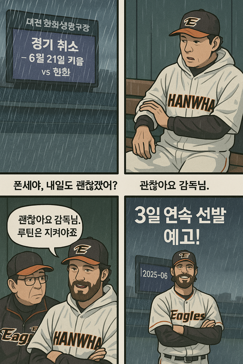 김경문 감독님도 “폰세야, 내일도 괜찮겠어?”라고 물었지만,
폰세는 “루틴은 지켜야죠!”라며 멋진 모습을 보여줬습니다.