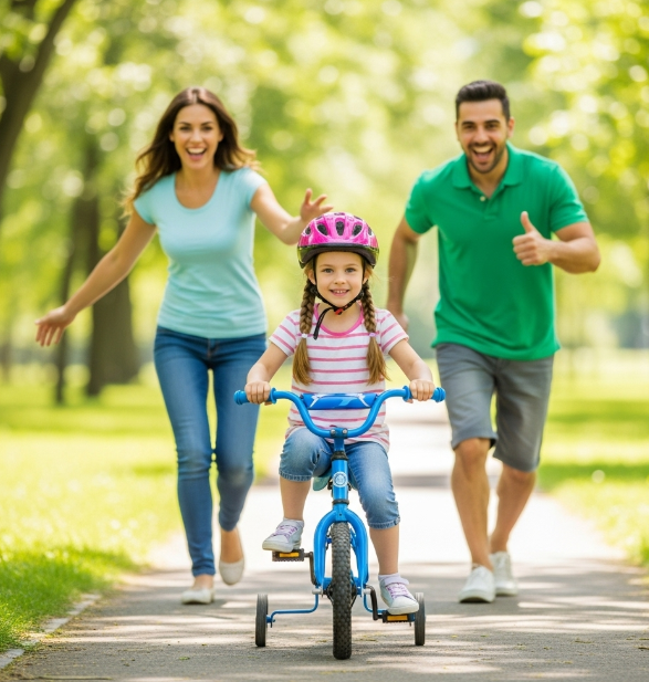 여자아이가 네발자전거를 타는 모습을 엄마 아빠가 뒤에서 응원하는 사진