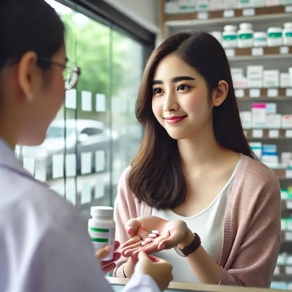 약국에서 약 복용법 안내받는 아시아 여성