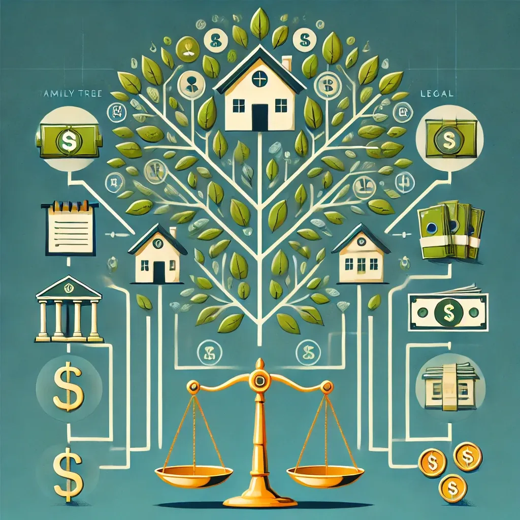 상속순위를 나타낸 가족 나무와 자산을 상징하는 아이콘