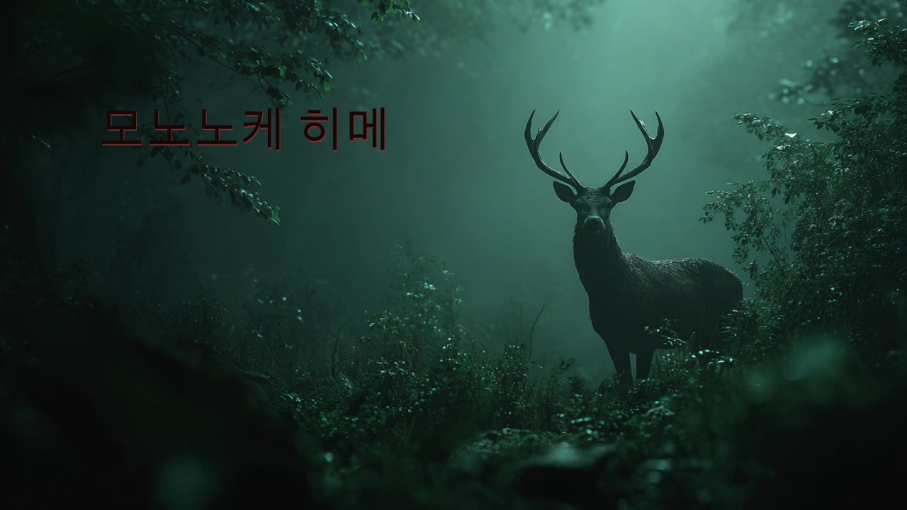 애니메이션 원령공주 리뷰 썸네일, 신비롭고 어두운 숲속에서 정면을 응시하는 사슴신의 실루엣, 몽환적인 초록빛 안개와 긴장감이 감도는 분위기