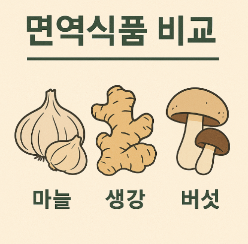 면역식품 비교 (마늘, 생강, 버섯)