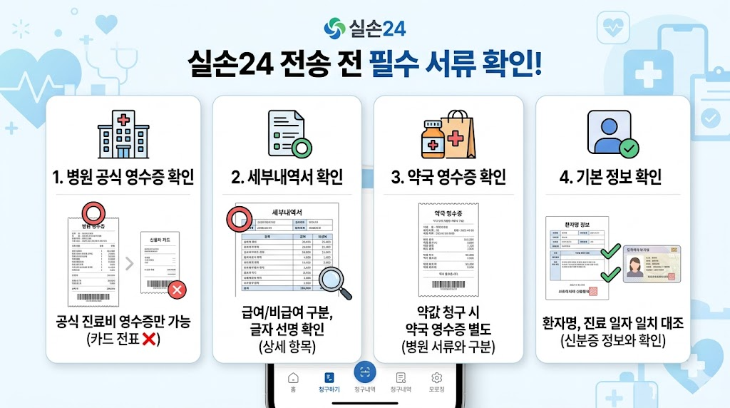 실손24 전송 전에 확인해야 하는 기본 서류를 인포그래픽 형식으로 만든 이미지