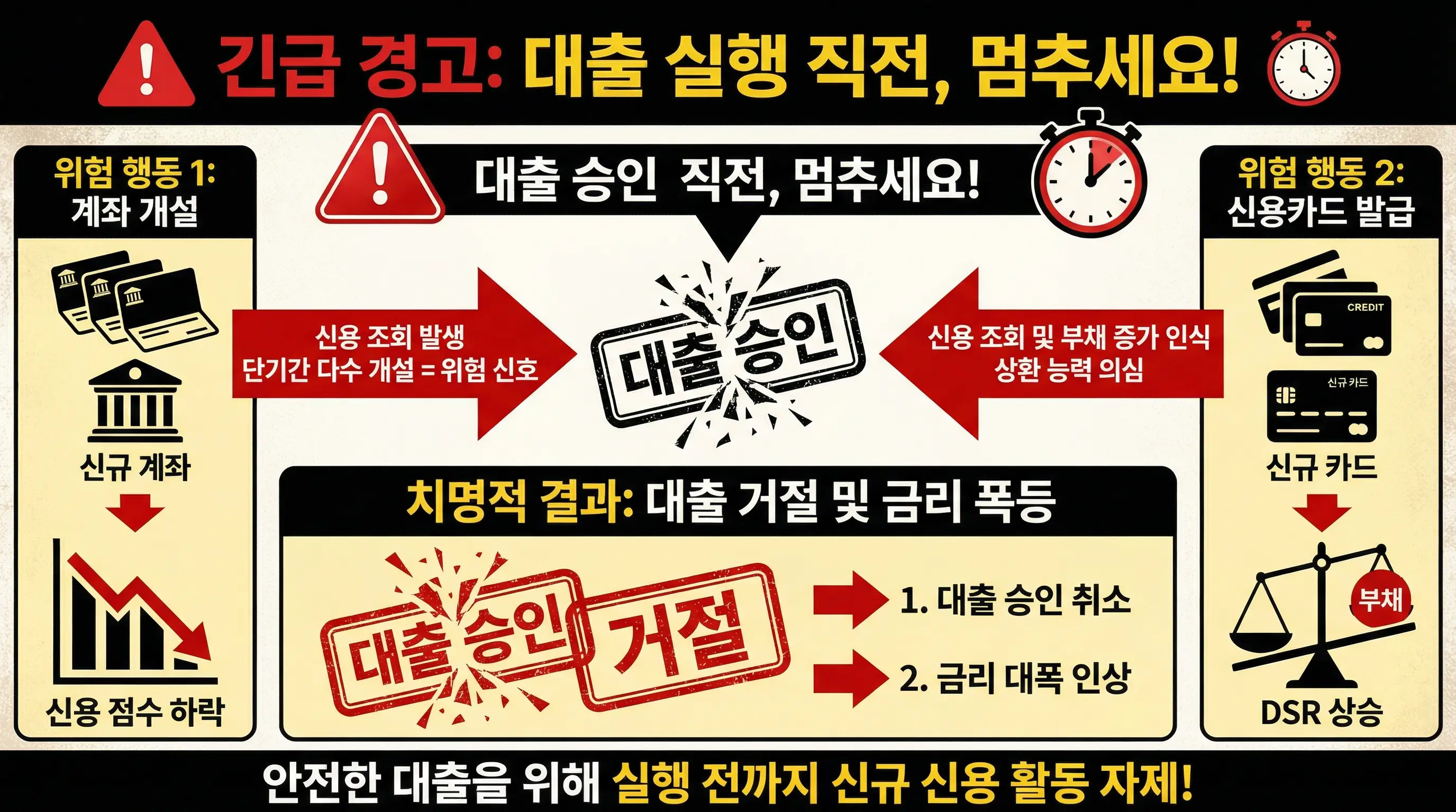 대출 실행 직전 계좌 개설과 신용카드 발급이 대출 승인에 미치는 치명적인 영향을 경고하는 인포그래픽
