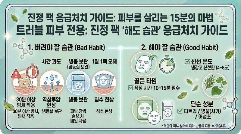 트러블 피부 진정 팩 사용법, 마스크팩 15분 시간 엄수, 역삼투압 현상 예방, 침수 현상 경고, 팩 냉동 보관 자극, 팩 냉장 온도 추천, 티트리 병풀 어성초 팩 성분