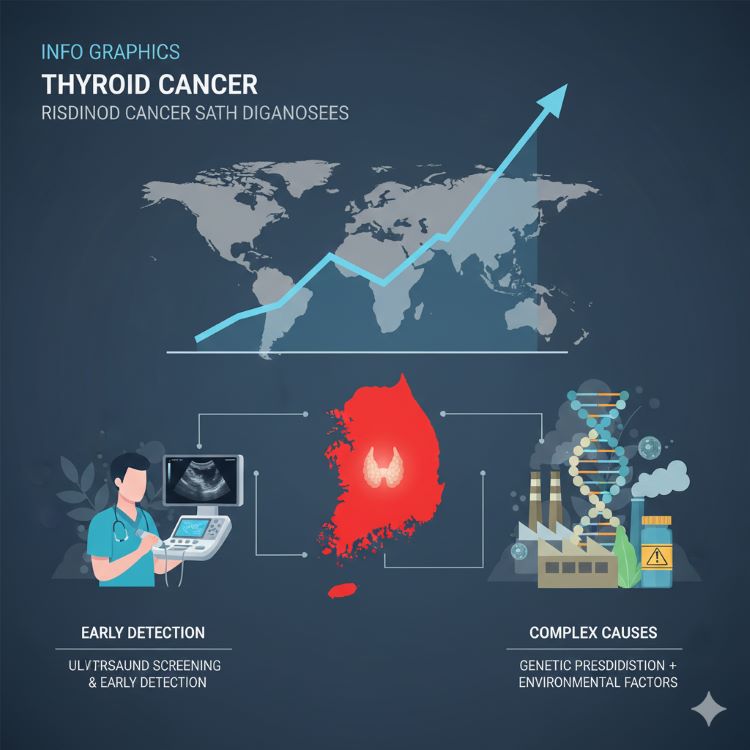 세계 지도 위에 한국이 붉은색으로 강조되어 있고, 그 위에 갑상선암 발병률 그래프가 급격히 상승하는 모습. 한쪽에는 초음파 검진 장비와 의사, 다른 한쪽에는 유전자 나선과 환경 오염 요소들이 표현된 복합적인 원인을 시각화한 인포그래픽