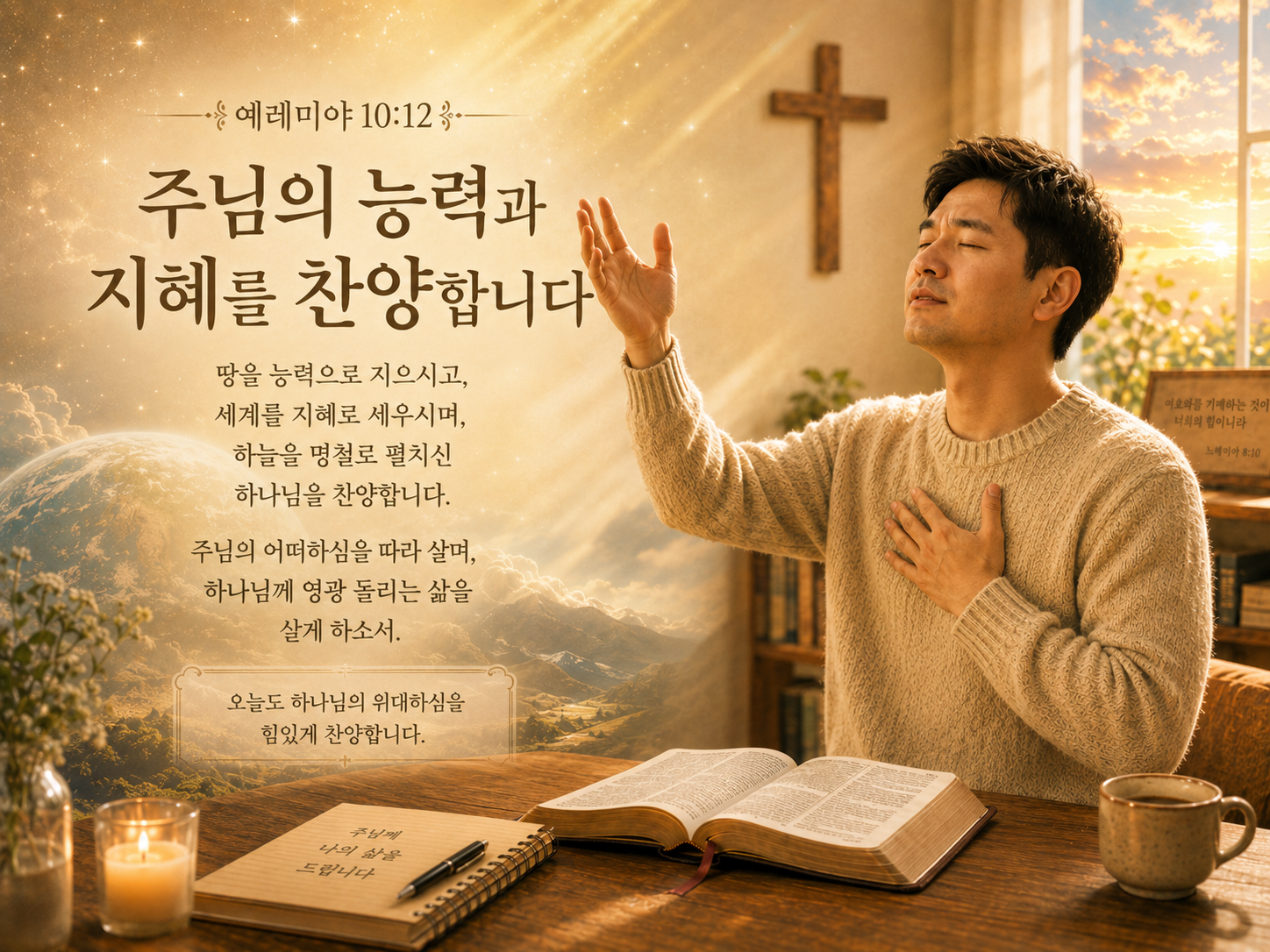 렘10:12 말씀에서 이 땅과 하늘을 하나님의 지혜와 능력으로 지으시고 세우시며 널리 펼치시는 하나님을 찬양드리며&amp;#44; 하나님의 무한하신 능력과 지혜를 찬양드리며&amp;#44; 하나님의 어떠하심을 따라 살아가는 자가 되어 하나님께 영광을 돌리고 찬양하는 시간을 힘있게 가져가는 시도를 하는 모습입니다.