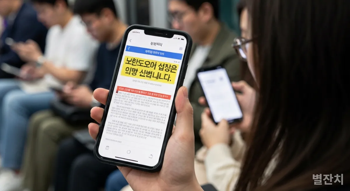 스마트폰 화면에 자극적인 뉴스 기사가 뜨고, 주변 사람들이 각자의 기기를 보는 모습