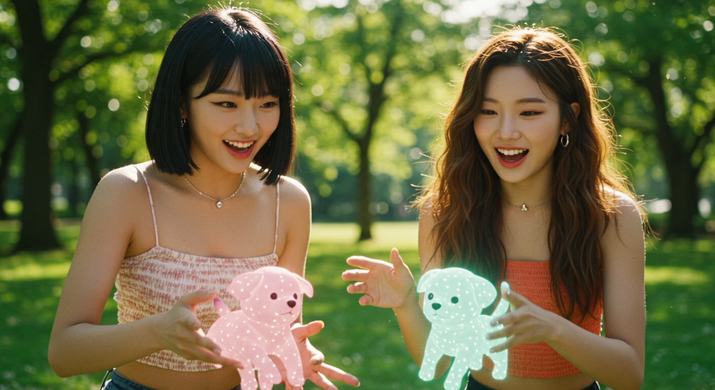 공원에서 디지털 강아지를 가지고 논느 여인들