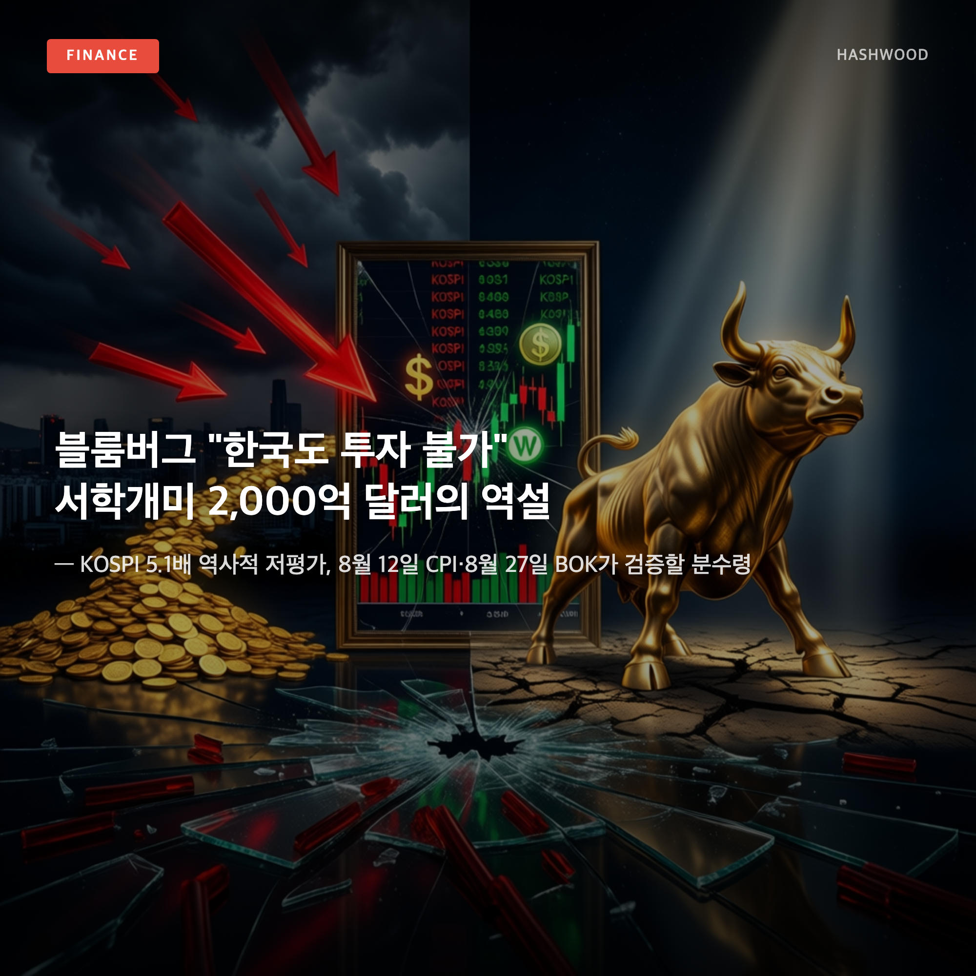 그림: 블룸버그 '한국도 투자 불가' 서학개미 2,000억 달러의 역설 — — KOSPI 5.1배 역사적 저평가, 8월 12일 CPI·8월 27일 BOK가 검증할 분수령