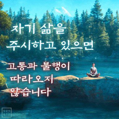 산과 숲, 호수 앞에 명상하는 사람과 함께 ‘자기 삶을 주시하면 불행이 따라오지 않는다’는 글귀