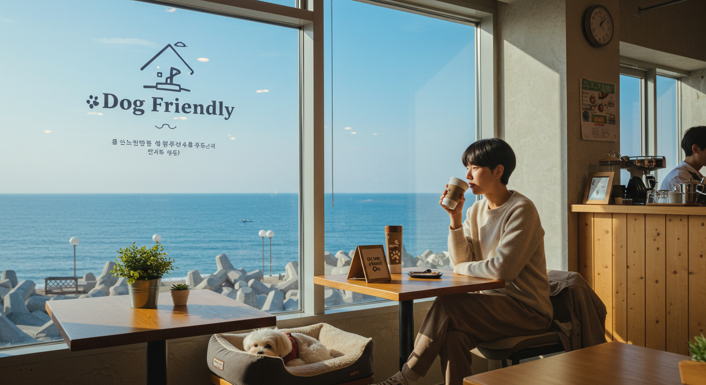 강릉 안목해변 애견 카페에서 바다를 보며 쉬는 한국인과 강아지