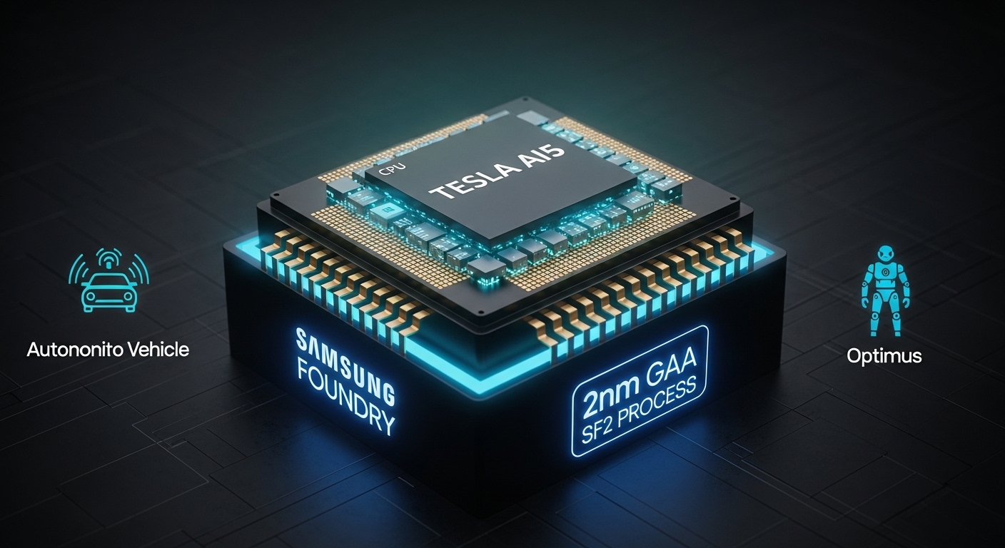A sleek chip illustration showing the Tesla AI5 processor chip with internal architecture blocks visible CPU cores, NPU array, memory interface. Below the chip, a Samsung Foundry label and 2nm GAA SF2 Process badge glow in blue. On the sides, application icons autonomous vehicle, robotic taxi, humanoid robot (Optimus). Dark background, teal and gold accent lighting, professional semiconductor product render style.