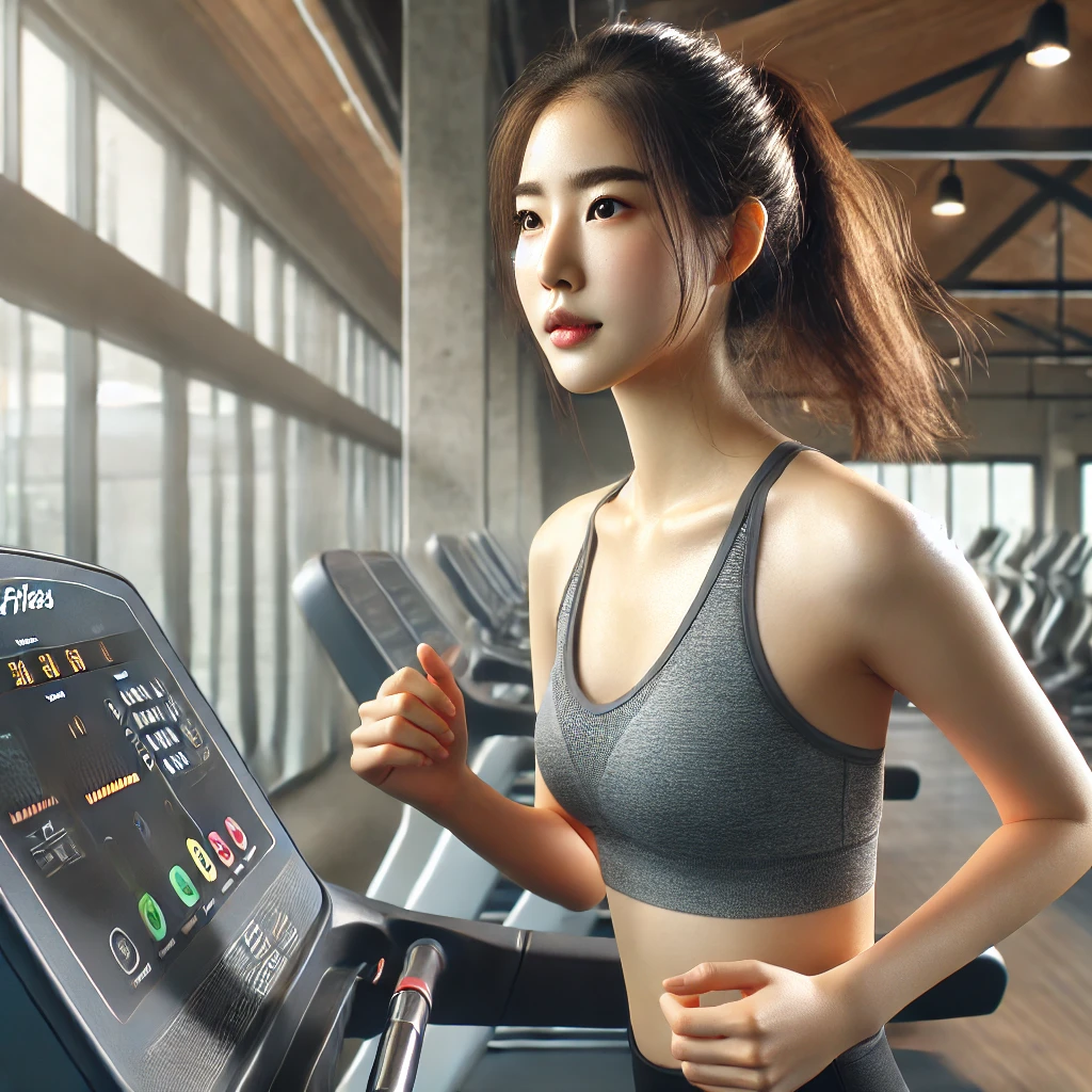 피트니스 센터에서 러닝머신을 뛰며 결의에 찬 표정을 짓는 젊은 여성