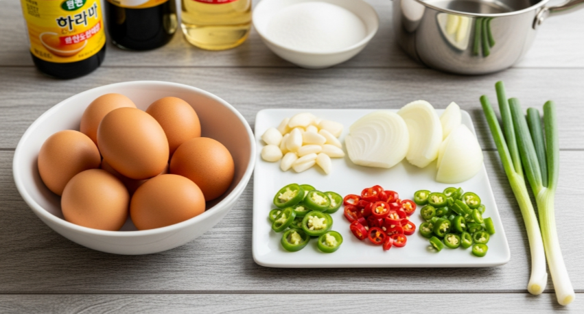 간장 계란장을 만들기 위한 신선한 재료들