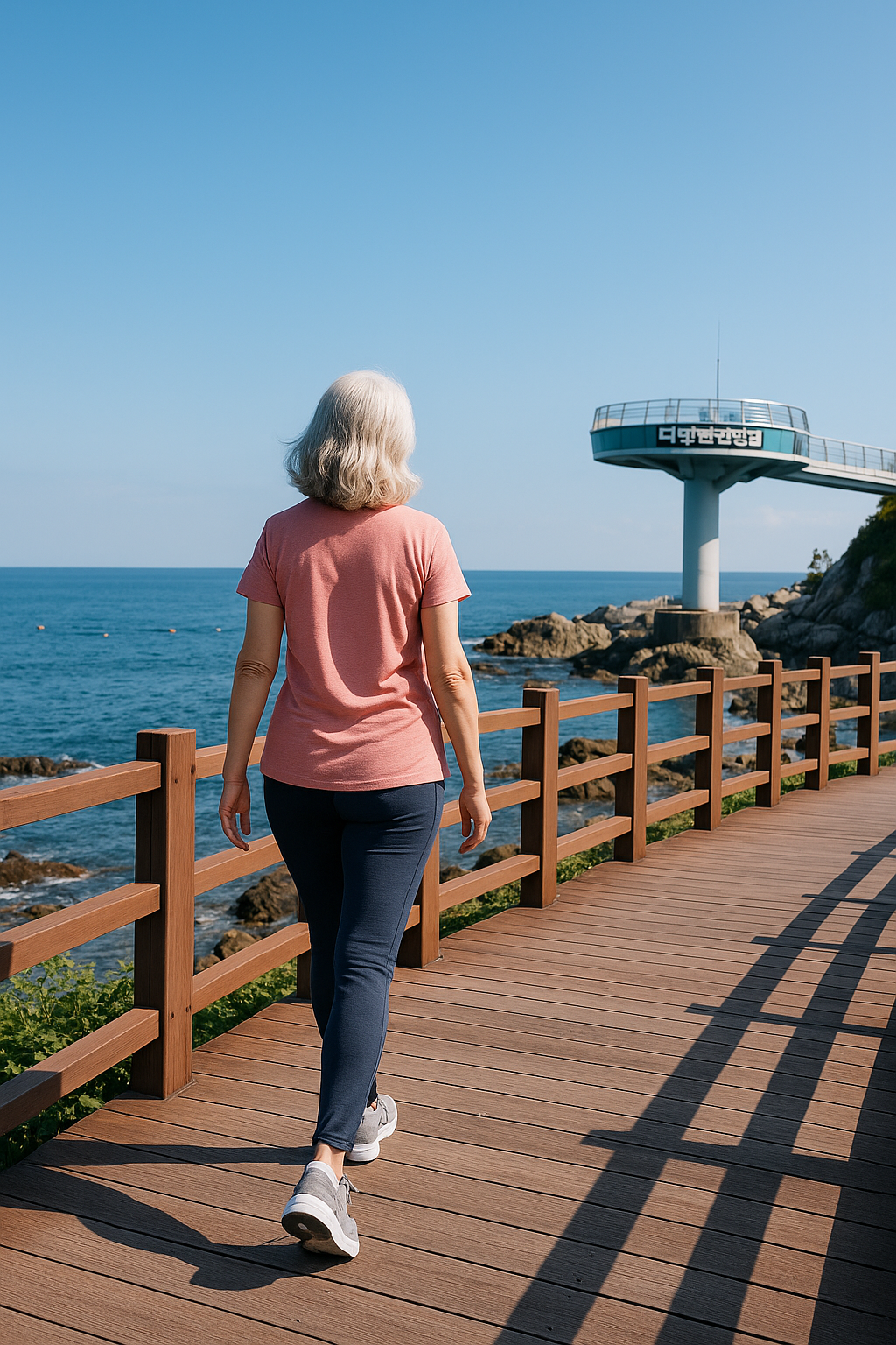 무릎 통증 완화 후 자신감 있게 해운대 산책로를 걷는 모습