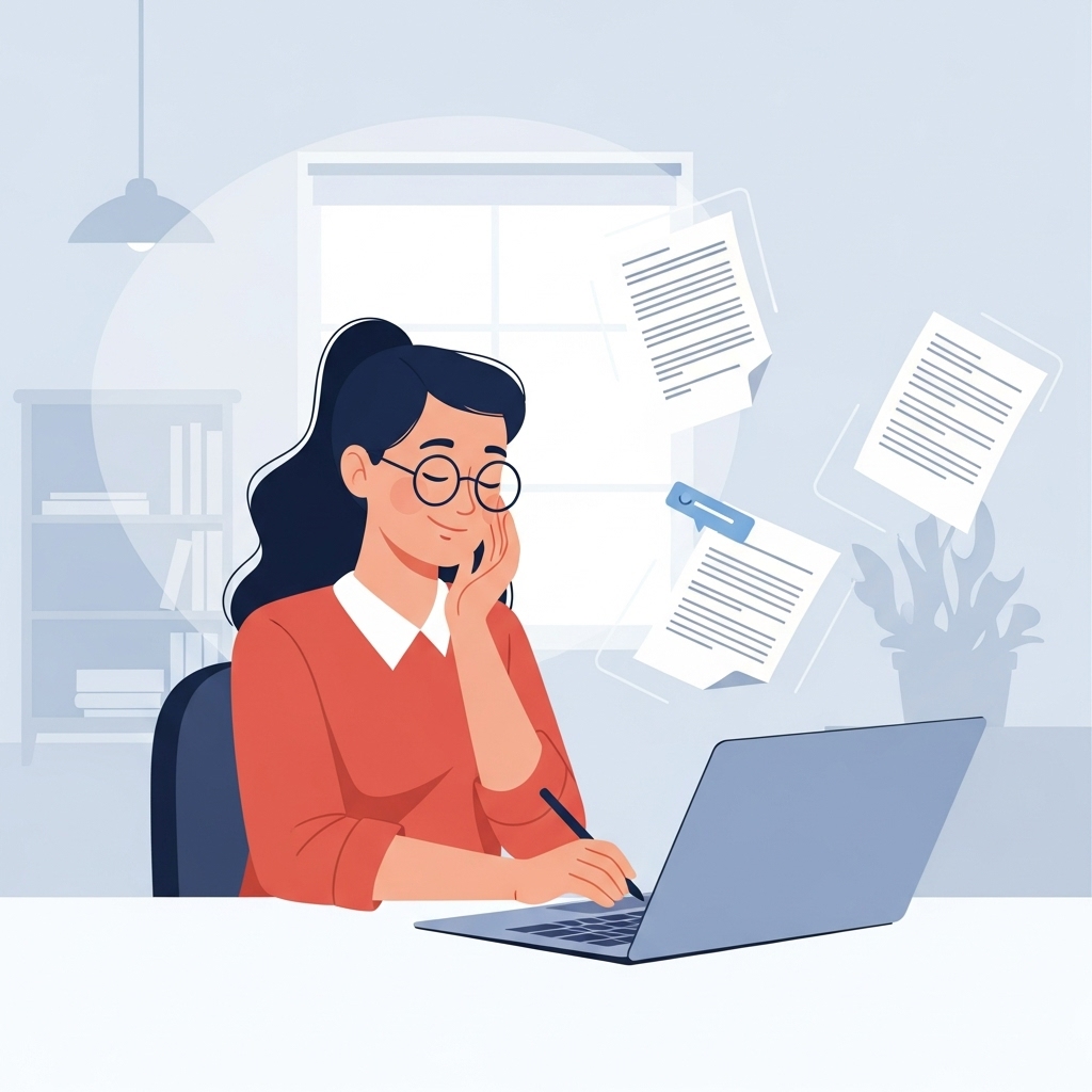 2025년 상생지원금 온라인 신청 절차를 간편하게 처리하는 모습. 노트북 화면에 온라인 신청서가 보이며, 주변에 종이 서류 대신 디지털 문서 아이콘이 떠 있다.