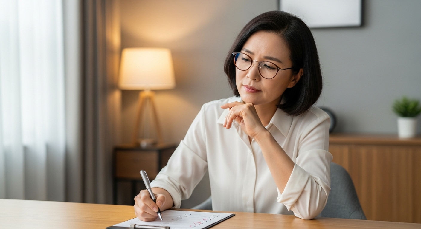 자가진단 체크리스트를 작성하며 당뇨 증상을 확인하는 한국 중년 여성