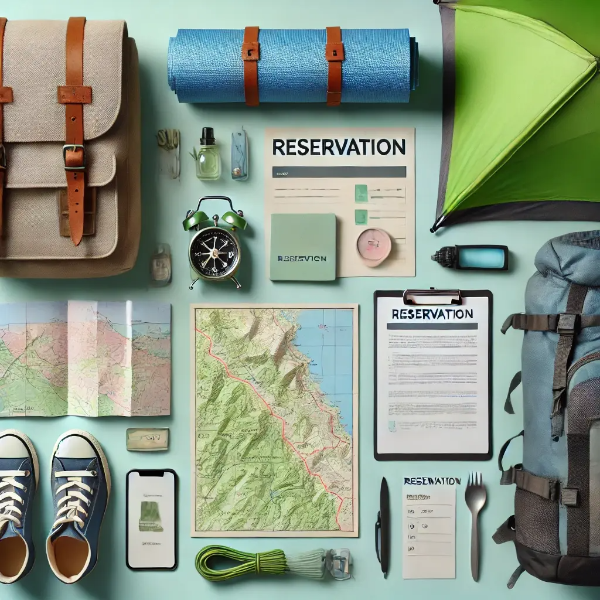 텐트, 캠핑 백팩, 예약서류, 지도 등이 깔끔하게 놓인 스튜디오 컷