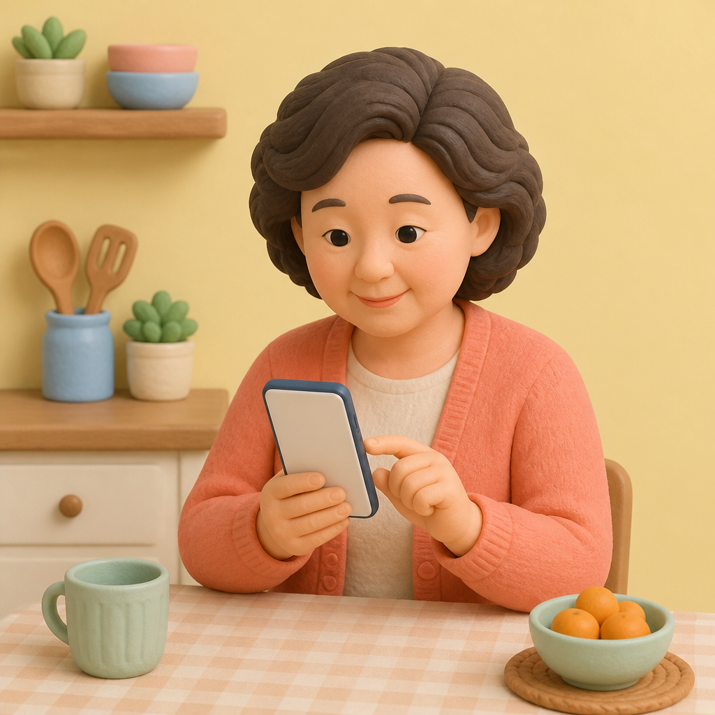 부엌 식탁에서 휴대폰 설정을 살피는 50대 여성