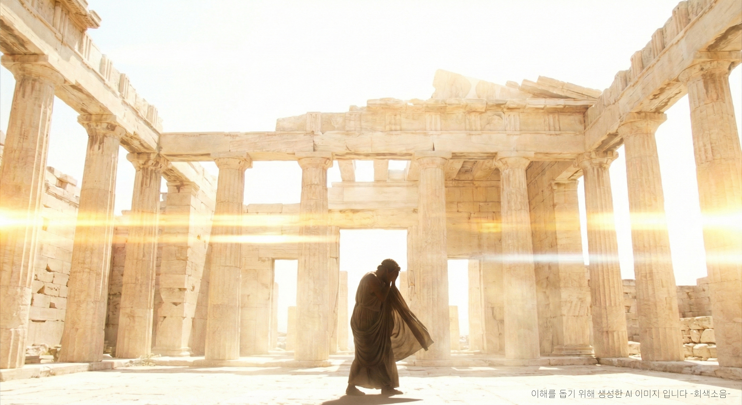 강렬한 한낮의 태양 아래 고대 그리스 건축을 배경으로, 로브를 입은 인물(오이디푸스)이 눈을 가린 채 실루엣으로 서 있고 렌즈 플레어와 열기로 공기가 일그러진 장면.