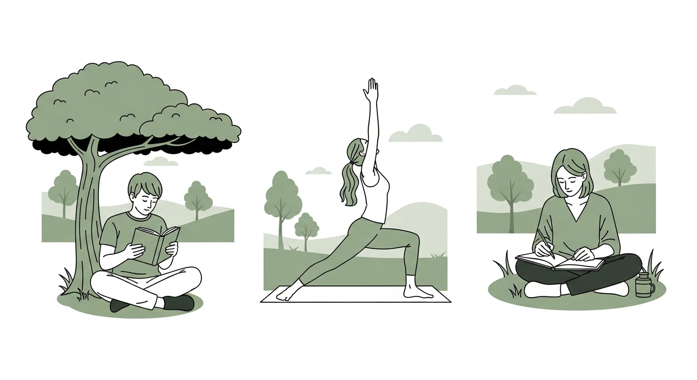 나무 아래에서 책을 읽거나 요가, 그림을 그리는 사람들이 디지털 기기 없이 평화로운 시간을 보내는 모습.