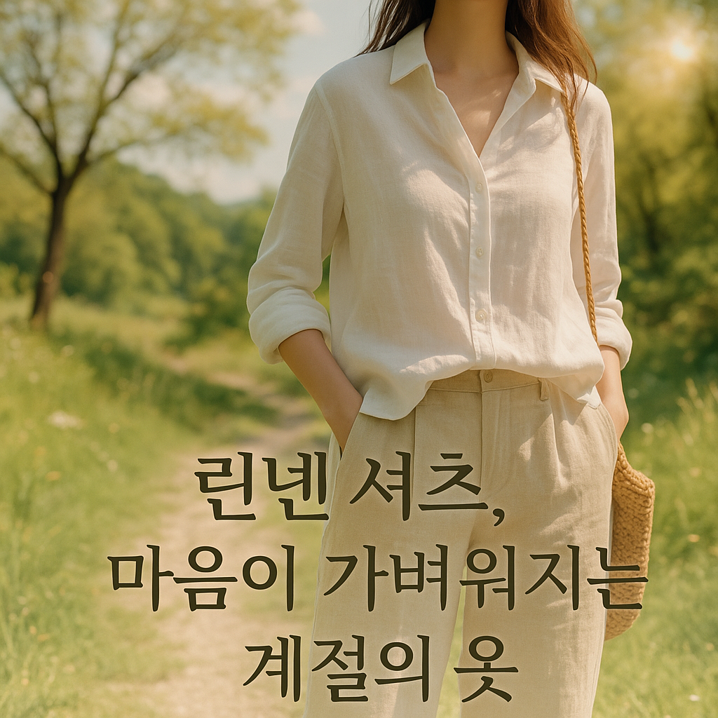 린넨 셔츠를 입은 여성이 햇살 가득한 들판에 서 있는 모습. 자연과 조화를 이루며 계절의 감성을 담아낸 장면.
A woman wearing a linen shirt stands in a sunlit field, embodying the seasonal mood in harmony with nature.
