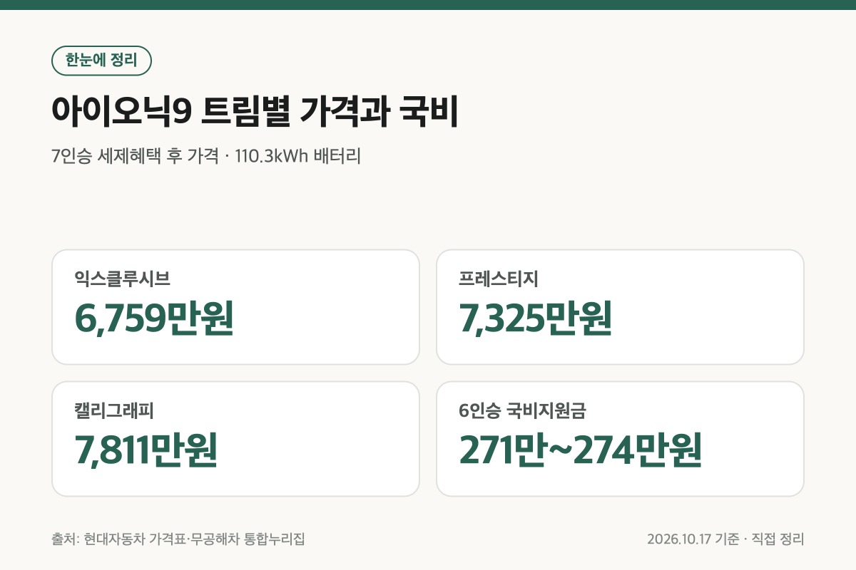 아이오닉9 실구매가 기준 트림별 가격과 6인승 국비지원금 정리
