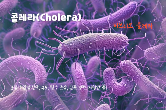 콜레라(Cholera)
비브리오 콜레라균
콜레라감염 주요 증상 : 급성 수양성 설사, 구토, 탈수 증상, 근육 경련, 저혈압 등