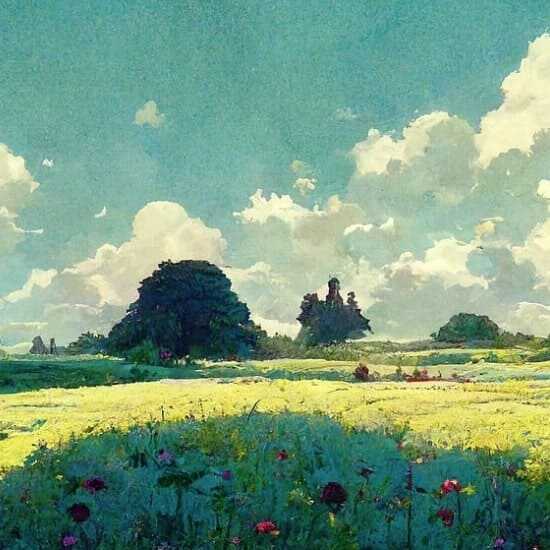 지브리 스타일의 넓은 들판 중앙에 나무숲들과 구름 이미지